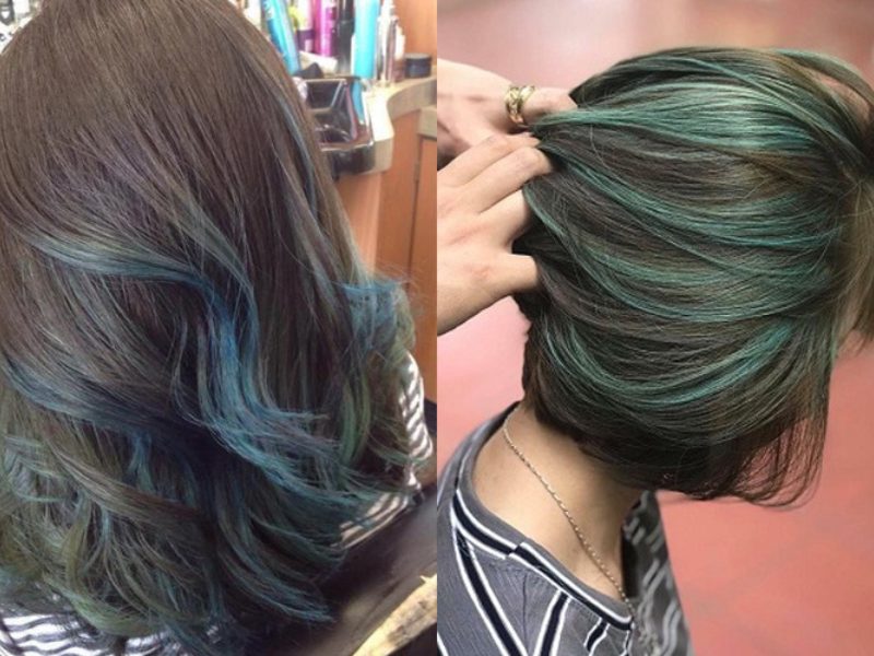 Tóc màu xanh rêu highlight